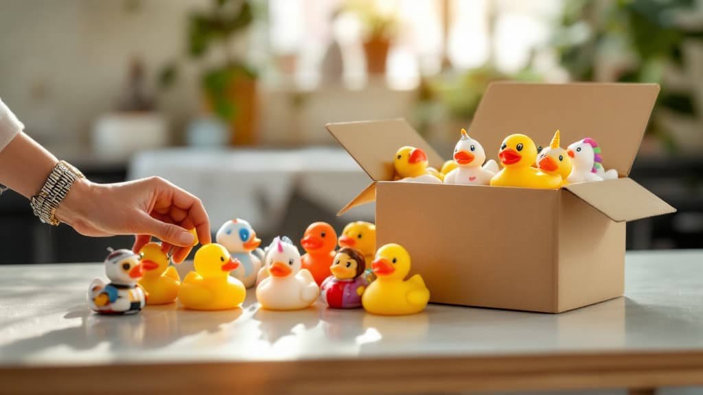 Colorful themed rubber ducks arranged for display